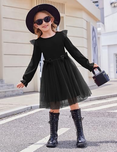 Image of Arshiner Toddler Girls Tulle Dresses with Bow Tie Fall Winter Long Sleeve Formal Party Dress 1-7 Y