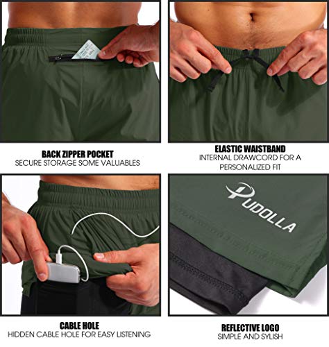 Image of Pudolla Men's 2 in 1 Running Shorts 5 inch Quick Dry Gym Athletic Workout Shorts for Men with Phone Pockets