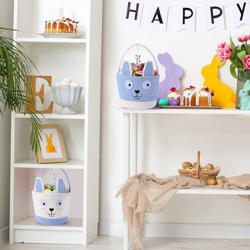 Image of Zopeal 2 Pcs Blue Easter Baskets Woven Rope Bunny Gifts Basket with Ears Large Empty Egg Storage Basket for Easter Party, 9.8 x 7.8 x 7.8 Inch