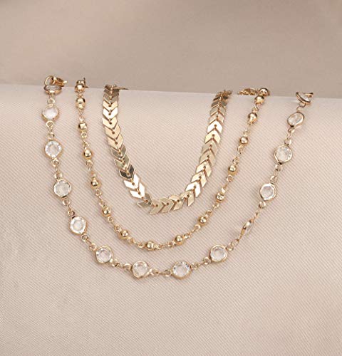 Thunaraz 3 Pcs Fashion Gold Anklet for Women Dainty Sparkly CZ Flat Mariner Foot Chain Heart Anklet Adjustable Summer Boho Colored Bead Evil Eye Anklet Cute Beach Jewelry Set