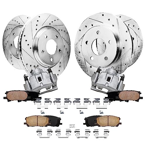 Image of Detroit Axle - Front Rear Drilled Brake Rotors Brakes Pads and 2 Front Calipers for Lexus RX330 RX400h RX350 Toyota Highlander Replacement