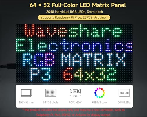 Image of 2048 RGB Full-Color LED Matrix Panel, 3mm Pitch, 64 x 32 Pixels Display Screen Compatible with Raspberry Pi 5 /4B /Zero 2W /Zero / Pico 2W /Pico 2W, ESP32, Support Adjustable Brightness,GOB-Waterproof