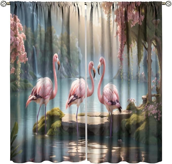 Flamingo Curtains, Natural Romantic Riverside Forest Scenery Pink Floral Bird Pattern Home Decor Window Treatments For Girl Woman, Blackout Rod Pocket Drapes for Living Room Bedroom Bathroom 63x63in