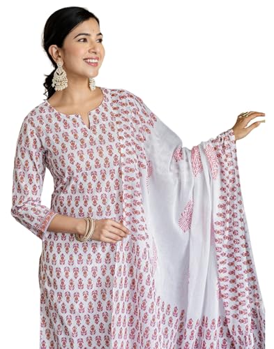 Image of SIRIL Women's Cotton Printed A-Line Kurta with Pant & Dupatta