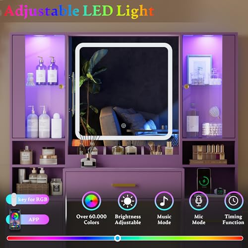 Image of HUANLEGO Makeup Vanity Desk with Mirror and LED Lights for Girls, Purple | Farmhouse Dressing Table Set for Women, LED Glass Cabinet, 7 Drawers, Power Outlet, Hair Dryer, 3 Lighting Modes