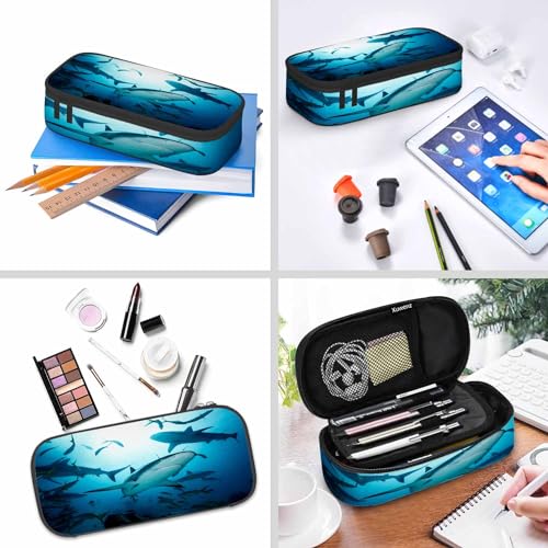 Image of Sharks Pencil Case Organizer Ocean Sea Fish Light Blue Stationery Box Makeup Box School Supply for Boy Girl Men Women