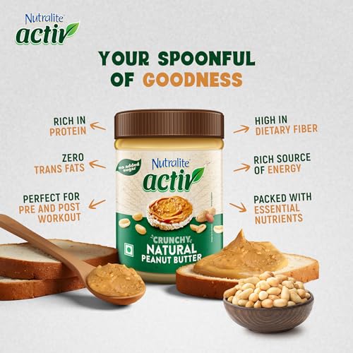 Image of Nutralite Activ Peanut Butter Natural Crunchy | 1kg Jar | 26g Protein per 100g | High Dietary Fibre | No Added Sugar & Salt | Zero Trans-Fat | No Gluten | No Hydrogenated Oil | No Preservatives