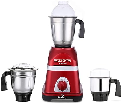 MasterClass Sanyo Triaa 600W Mixer Grinder with 3 Stainless Steel Jars (1 Wet Jar, 1 Dry Jar and 1 Chutney Jar), Red.Make In India(ISI Certified)