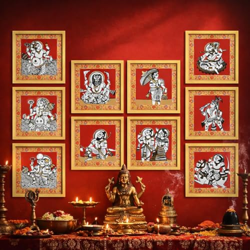 Image of Dashavatar Wall Art Paintings With Frame For Living Room | 10 Avatars of Lord Vishnu Framed Paintings | Sacred Hindu Spiritual Wall Decor Poster for Home, Pooja Room, Gifting, Set of 10, Size 24x24 cm