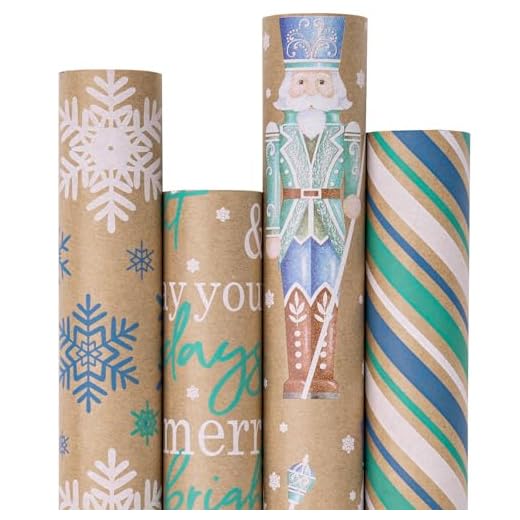 4 Rollos De Papel De Regalo Kraft Navideño - Soldado Cascanueces, Copo De Nieve, Rayas Y Diseño De Texto - 76 Cm X 3 M Por Rollo