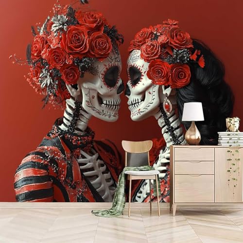 XLMING Crâne Créatif Couple Rose Rouge 3D Papier Peint Luxe Décoration Manger Adulte Intérieure Salon Canapé Chambre Fond TV Mur-430cm×300cm