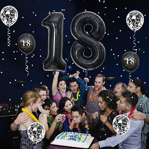 Image of 18th Birthday Decorations for Boys & Girls - 40 Inch Foil Number 18 Balloon, Black & Metallic Latex Balloons, Confetti, Set for 18 Years Old Birthday