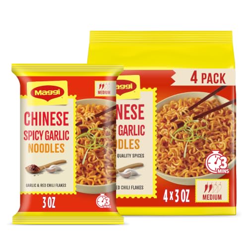 Image of Maggi Chinese Spicy Garlic Noodles 4-Pack | Instant ramen noodles; 3-minute; vegetarian; halal; kosher; 4 pack