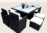 Ragnarök-Möbeldesign PolyRattan - DEUTSCHE Marke - EIGNENE Produktion - 8 Jahre GARANTIE auf UV-Beständigkeit Gartenmöbel Essgruppe Tisch + 4 Stühle & 4 Hocker 12 Polster Schwarz