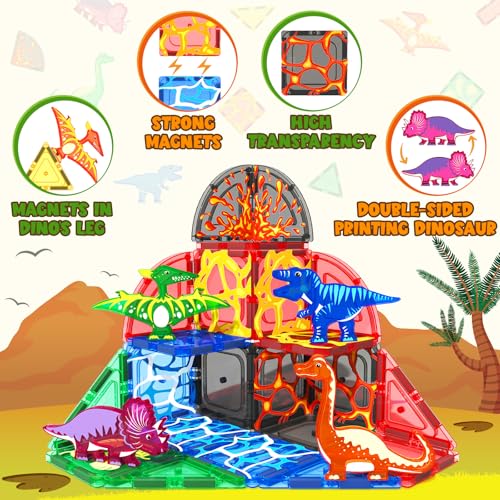 Image of Coodoo Dinosaur Toys Magnetic Tiles Lava Dinosaur World Set - Magnetic Blocks Building for Kids 3-5 5-7 Girls Boys Toy Age 4-6 6-8, Classroom Must Haves Toddler Sensory for 3+ Year Old Kids Toys