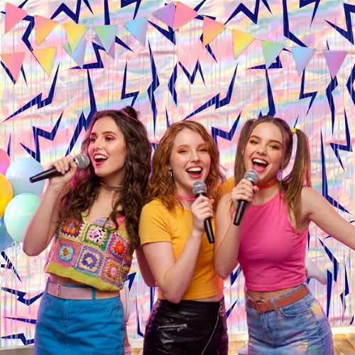 Image of Tiamon 2 Pack Kpop Party Decorations 3.3 x 6.6 Ft Foil Fringe Curtains Backdrop Purple Lightning Energy Holographic Rainbow Tinsel Streamers Photo Booth for Girls Birthday Party Supplies