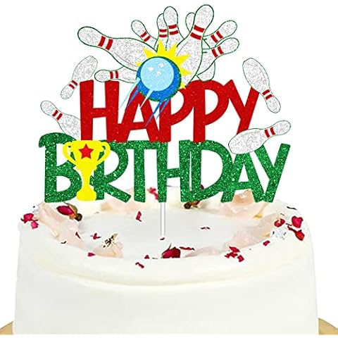 Bowling Happy Birthday Cake Topper - Sport Themed Glitter Cake Topper For Boys Kids - Bowling Alley Birthday Party Decorations Supplies Cover