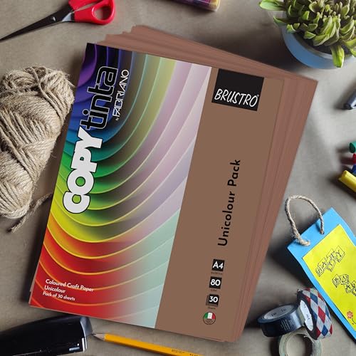 Image of BRUSTRO Copytinta Coloured Craft Paper A4 Size 80 GSM Brown Shade (Marrone), 60 Sheets Pack | Double Side Colored, Ideal for Origami, Scrapbooking, Making Card, DIY Art & Craft.