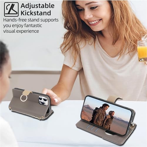 Housse en cuir PU souple iPhone 14 finition soignée grise avec rangement et bandoulière