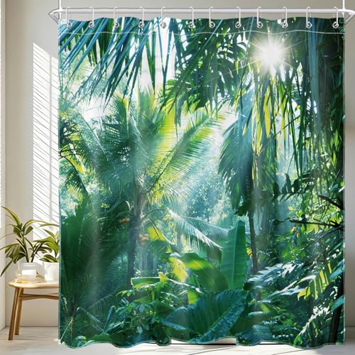 LB Rideau de Douche Anti Moisissure Vert Tropical Jungle Rideaux de Bain Plantes en Forêt Motif Imperméable Polyester Tissu Salle de Bain Décor avec 10pcs Crochets,150x180cm