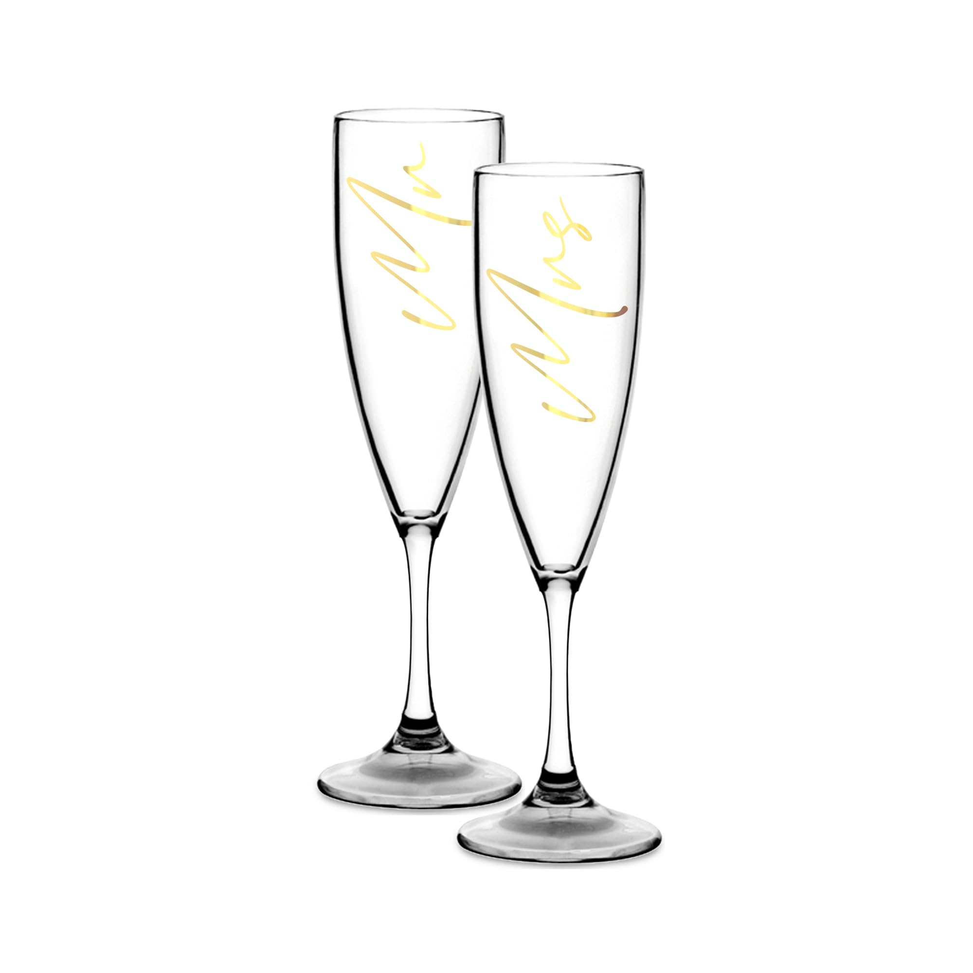 Print Maniacs Champagne Premium Clear Flute Glass Bride Groom Mr Mrs Wedding Maid Honour Wine Cocktail Prosecco Celebrations Gift (Gold, Mr + Mrs Set)
