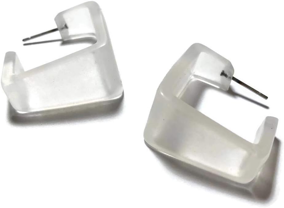 Clear Frosted Acrylic Square Hoop Earrings | Vintage Lucite Jewelry 1 Inch