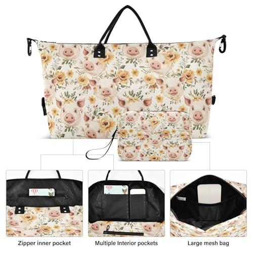 Duffel Bag Set for Travel Gym Sport, Weekender Bag Carry on Overnight Bags for Women Men-Pig Flower Print2