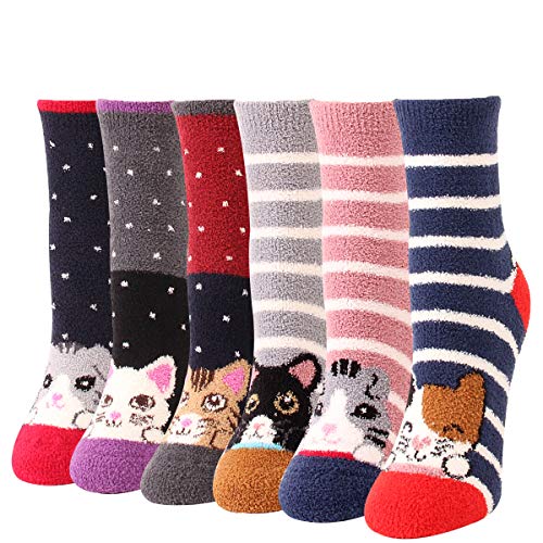 MarJunSep Fuzzy Cozy Socks for Women Teens Cute Funny Fluffy Comfy Slipper Sleeping Socks Animal (6 pairs cat)