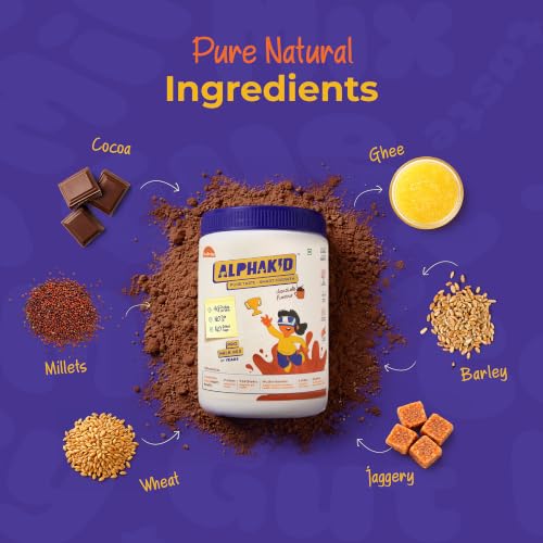 Image of Alphakid smart milk mix Portien Powder (2 + Years) | Chocolate flavour milk mix| No palm oil | No refined sugar | supports gut health | Sweetened with jaggery | boosts immunity | with Barley, Millet, Wheat, Jaggery & Ghee | Vitamins & Minerals |400gm jar