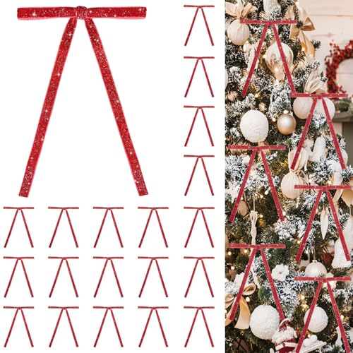 Image of 24 PCS Velvet Bows Christmas Ornaments Decorations, Sparkly Glittery Red Velvet Bows Ornaments for Christmas Tree, Unique Vintage Xmas Home Holiday Decor for Tree Mantle Wreath Gift Wrap