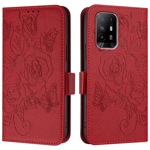 Étui portefeuille fin OPPO A74 4G en cuir PU rouge avec rabat magnétique