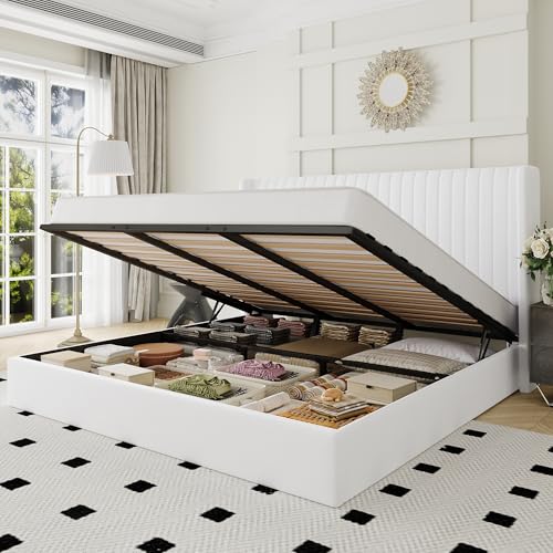 Image of Allewie King Size Lift Up Storage Bed Frame Channel Tufted Headboard White