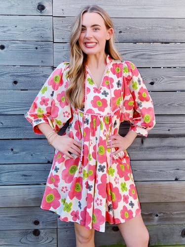 Image of Cicy Bell Womens Floral Mini Dresses 3 /4 Balloon Sleeve V Neck Flowy Babydoll Dress Summer Beach Vacation Boho Outfits