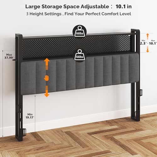 Image of VINGLI Full Size Headboard with 2 Shelves, Adjustable Upholstered Headboard with Pegboard, Charging Stations and LED Lights, Modern Bed Headboard with Storage for Bedroom Decor, Dark Gray