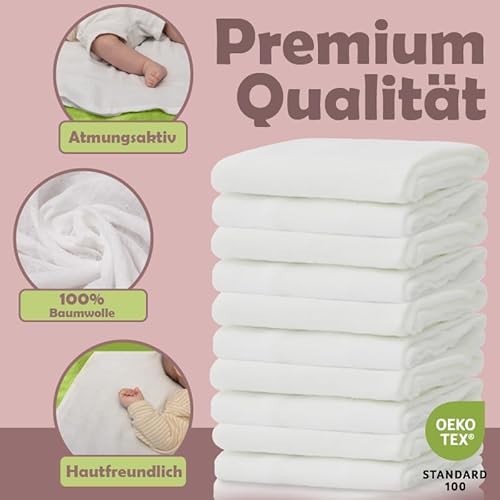 NatureMark 10er-Pack Baby-Mulltücher – 100% Baumwolle – weiche und saugfähige Tücher für Stillen & Babypflege, Windeln, Pucktücher & Waschlappen – Weiß, 70x70 cm