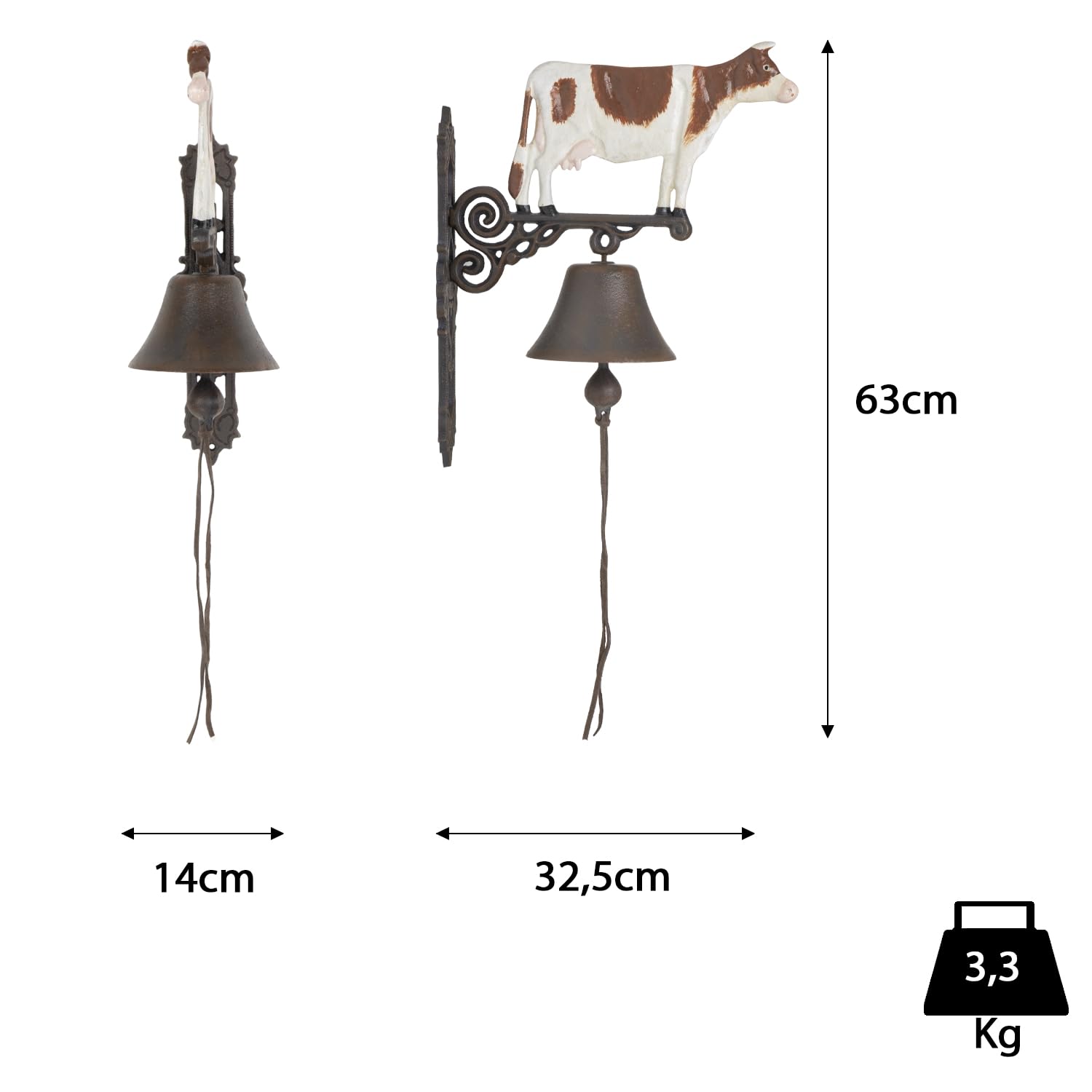 Moritz - Campana de Pared de Hierro Fundido, diseño de Vaca, Color marrón y Blanco