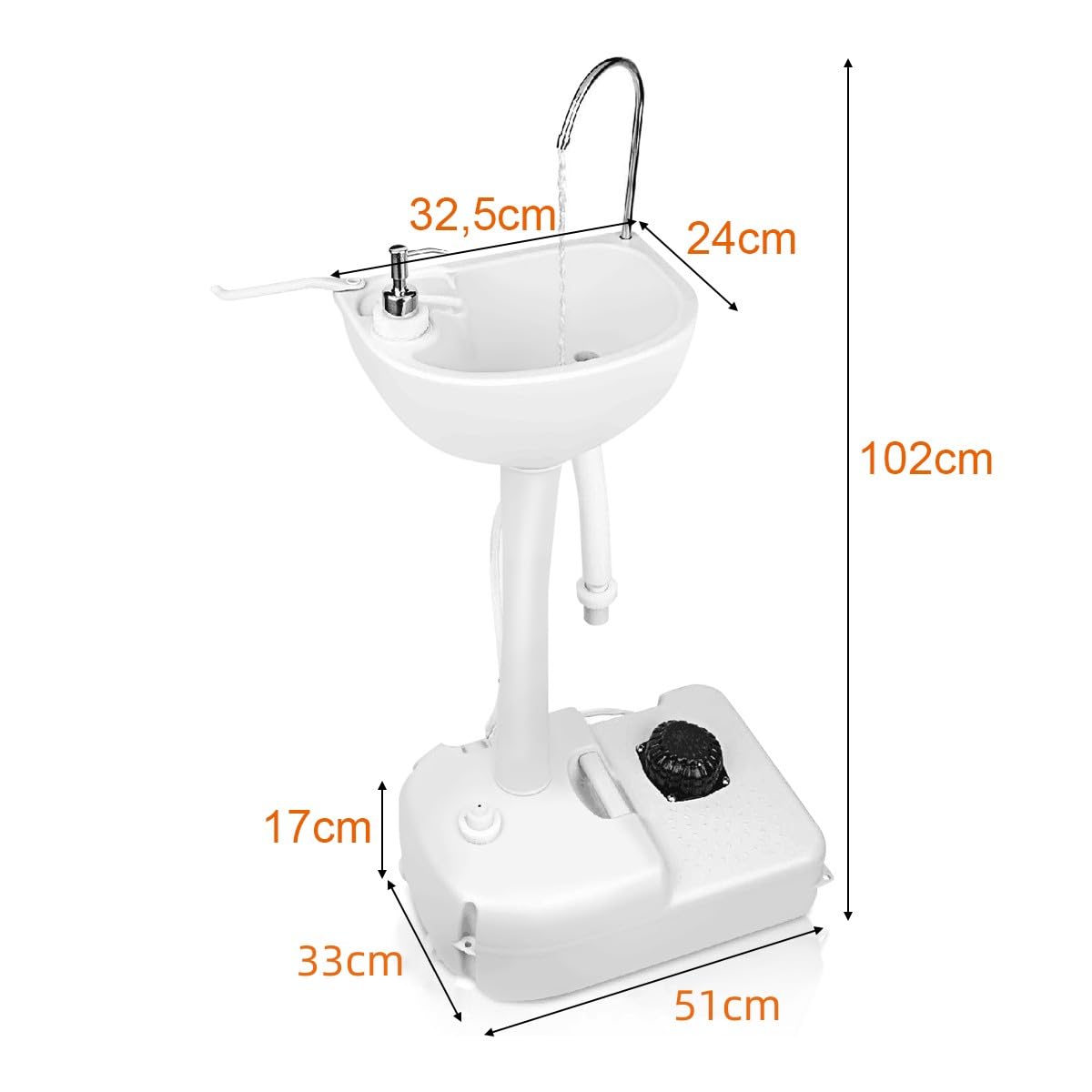 GYMAX Tragbare Camping Waschbecken, Wassertank mit 17 L, freistehender Handwaschbecken mit Fußpumpe & drehbarem Wasserhahn, Waschstation mit Rädern & 