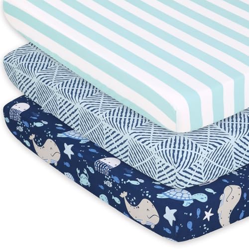 Image of The Peanutshell 3-Pack Fitted Playard Sheets - Soft & Breathable Baby Boy or Girl Mini Crib Sheets, Pack N Play Mattress, Fits Standard Playard Pack Play Mattresses - Sealife