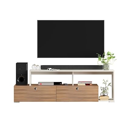 Burlyworth Dexon Engineering Wood Floor Standing TV Entertainment Unit Set Top Box Stand, TV Cabinet with Storage Shelves, Standard, for Upto 32, 42, 43 Inches (Exotic Teak & Frosty White)