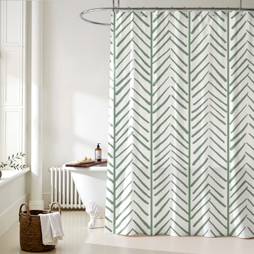Treory Printed Shower Curtain Set: Green Bamboo Forest Fine Herringbone Pattern Shower Curtain, Modern Geometric Waterproof Fabric, Bohemian Bathtub Bathroom Decorations Home with Hooks, 72
