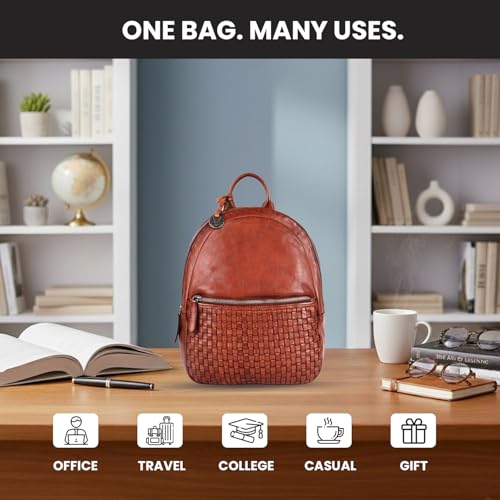 Image of Genuine Leather Backpack for Men, Casual Backpack for Women Office Bag with Adjustable Shoulder Strap (VL-054-COGNAC)