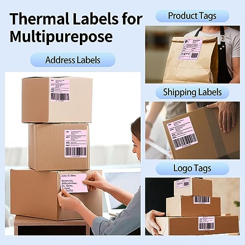 Image of Phomemo 4X6'' Thermal Shipping Labels - Pack of 100 4x6 Fan-Fold Labels for Shipping Labels, Address, Mail, Product Logo Labels, Commercial Grade, Pink