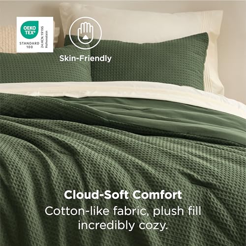 Image of Bedsure Waffle Comforter Set Queen, Soft and Breathable Dark Green Bedding Comforter Set, 3 Pieces, 1 Waffle Weave Comforter (90 inchx90 inch) and 2 Pillowcases (20 inchx26 inch)