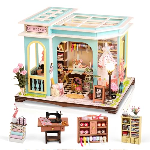 DIY Miniature House Kit,Tailor Shop Dollhouse Miniature Kit with LED & Furniture,Mini Diorama House Building Kit for Adults,3D Wooden Craft Tiny House Mini Model Kit,Home Decor Family Birthday Gifts