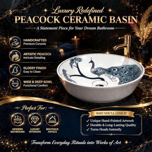 Image of BASSINO 16x16x5 Inches Table Top Washbasin /Premium White-Blue Ceramic Wash Basin /Designer Basin for Bathroom,Home,Hotel /Round Shape Sink with Peacock Design /Wash Basin for Living Room(Glossy)