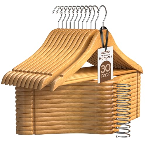 Utopia Home Premium Wooden Hangers 30 Pack - Heavy Duty & Durable Coat Hanger - Wood Hanger with 360-Degree Rotatable Hook - Clothes Hangers with Non-Slip Shoulder Notches For Shirts & Coats (Natural)