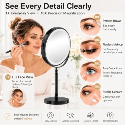 Image of DEIOVWXS Makeup Mirror, Rechargeable Vanity Mirror with 3 Lights, 1X /10X