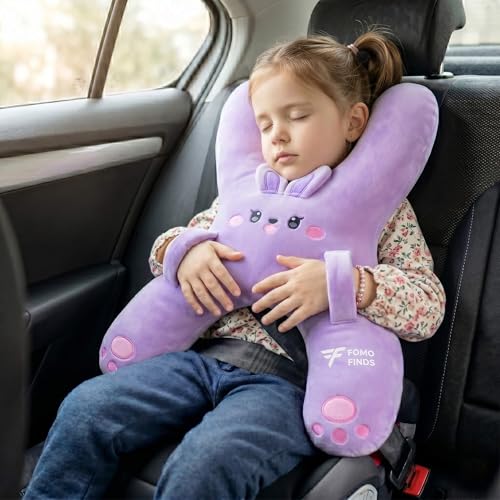 FOMO Finds Kids Car Sleeping Pillow - H-Shaped for Neck & Back Support - Hands & Seat Belt Slot - Machine Washable & Compressible - Perfect for Car Plane Train Boat & More - Purple