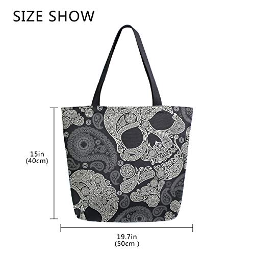Image of Halloween Skull Canvas Tote Grocery Bag Shoulder Casual Book Bag Large for Women Teachers, Sugar Skull Cotton Bag Shopping Purse Handbag Reusable Multipurpose Use