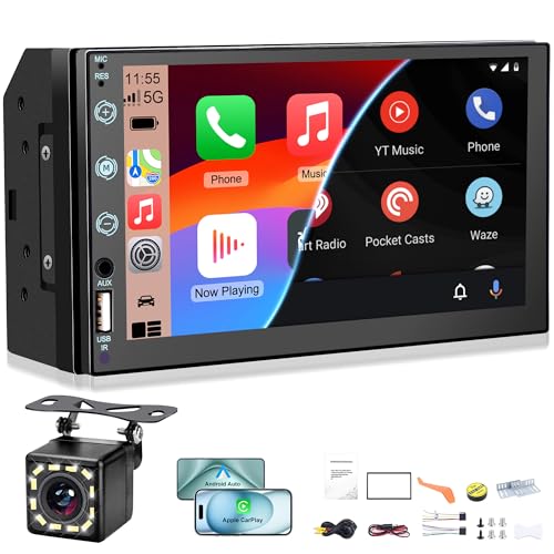 Estéreo Coche Doble DIN 7' con Pantalla Táctil Compatible con CarPlay y Android Auto,BT,Espejado de Teléfono, Cámara Trasera, Radio MP5/USB/AUX